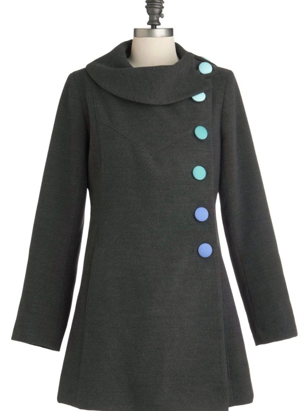 ModCloth Charcoal Gray Peacoat with Blue & Teal Buttons